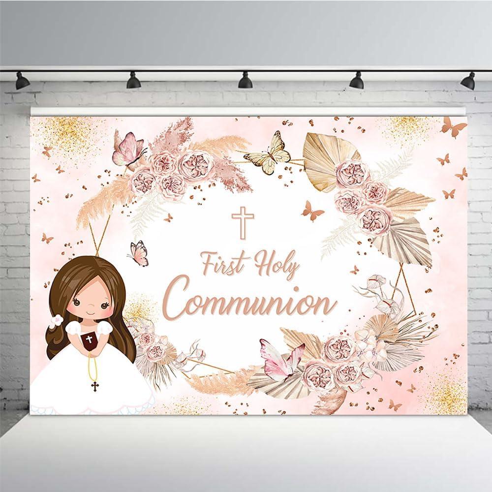 MEHOFOND 7x5ft First Holy Communion Backdrop for Girls Mi Primera Comunin Background for Photography Pink Florals Pampas Grass Happy Birthday Party Banner Supplies Decor Photo Booth Props