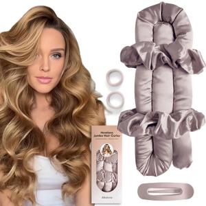 Jumbo Heatless Hair Curler Set-Satin Heatless Curls Overnight, Jumbo Curling Rod Headband, No Heat Curlers To Sleep in (Lavender Gray)