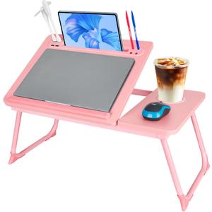 Laptop Bed Desk, Adjustable Lap Desk, Small Laptop Table with USB Charge Port, Desktop Card &Pen Slot, Cup Holder, Foldable Bed Tray Table for Couch Sofa Chair Floor Eating Working