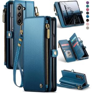 Defencase Wallet Case Compatible with Samsung Galaxy Z Fold 6 with RFID Blocking Card Holder & S Pen Holder PU Leather Magnetic Snap Flip Zipper Strap Phone Case Fit for Galaxy Z Fold 6, Dark Blue