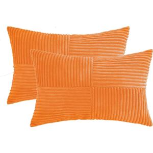 HWY 50 Orange Corduroy Patchwork Throw Pillow Covers 12x20 Inch Rectangle, Set of 2, Soft Cozy Textured Decorative Cushion Cases for Couch Sofa Bed Living Room, Boho Striped Home Decor