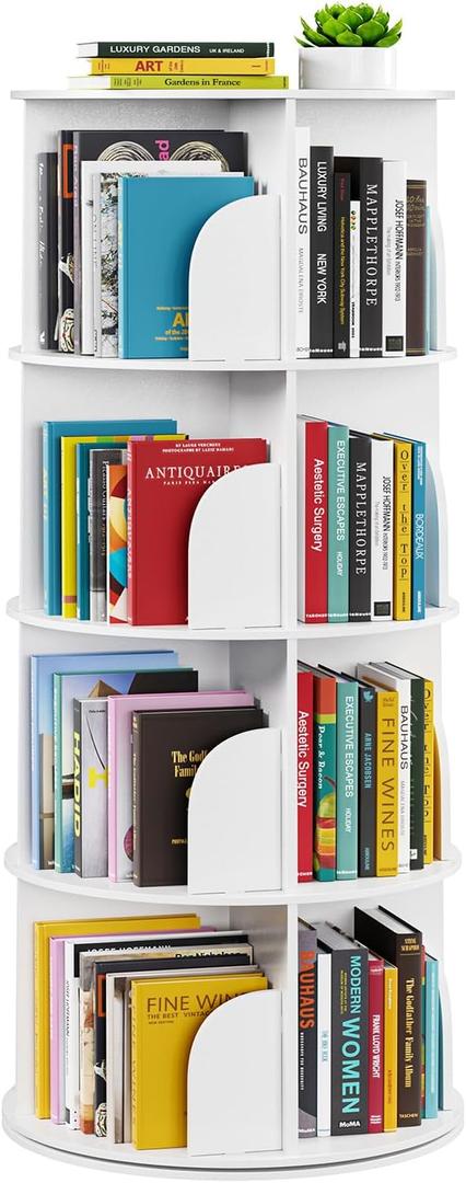SpaceAid 4 Tier Rotating Bookshelf Tower, Spinning Bookcase Lazy Susan, Revolving 360 Book Shelf Storage Round Carousel, Vertical Rotate Turning Spiral Corner Organizer, White, 4 Tier, 50" H