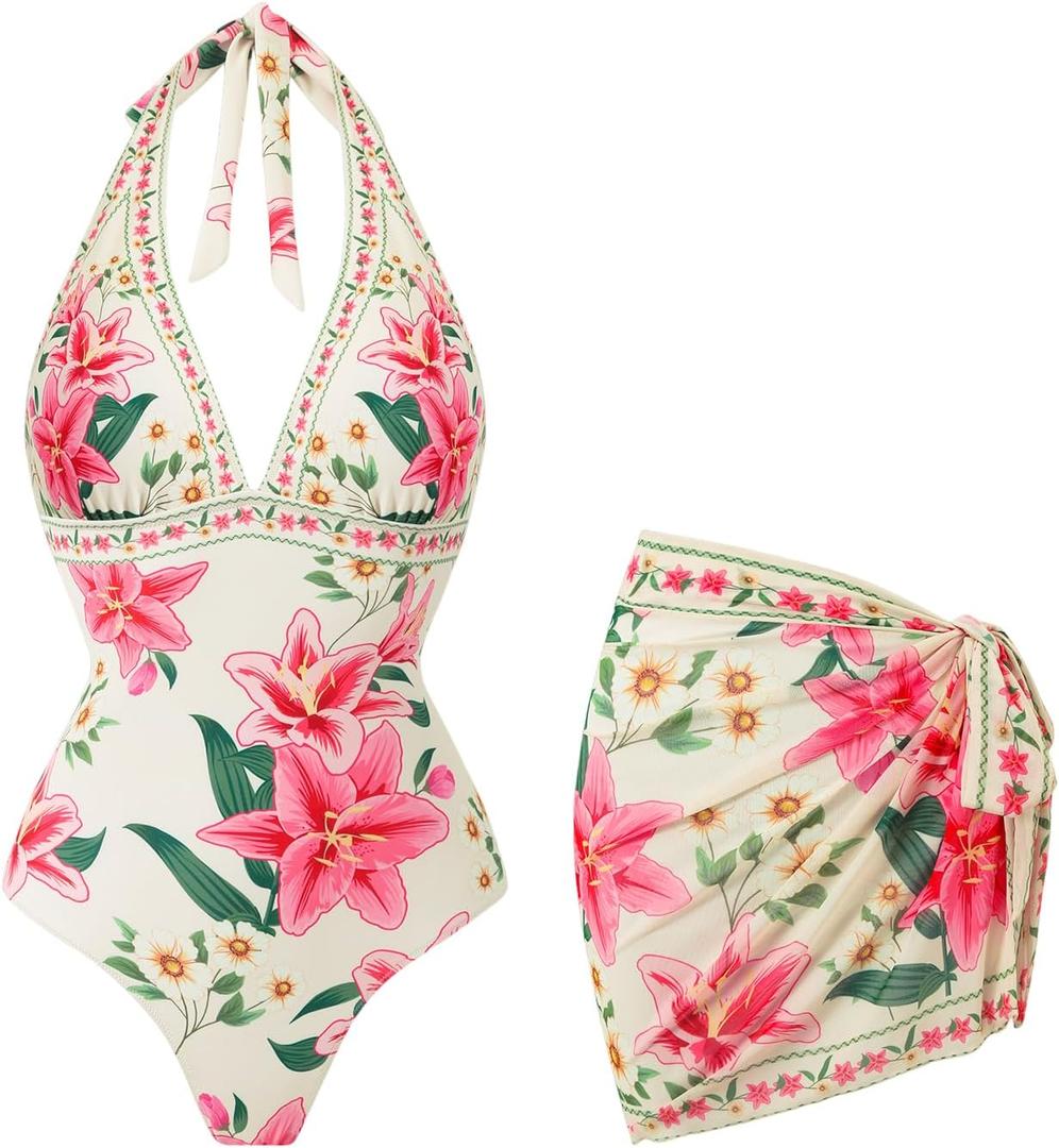 SherryDC Women's Sexy V Neck One Piece Swimsuit with Cover up Wrap Skirt Sarong Tummy Control Bathing Suit Swimwear (M)