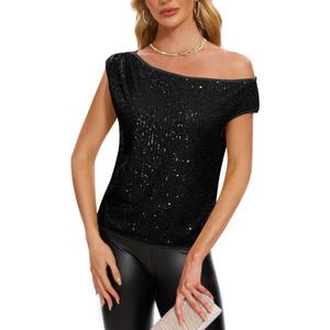 One Shoulder Sequin Sparkly Tops for Women Ruched Glitter Tops Slimming Sparkle Party Shirts (X-Large, Black)