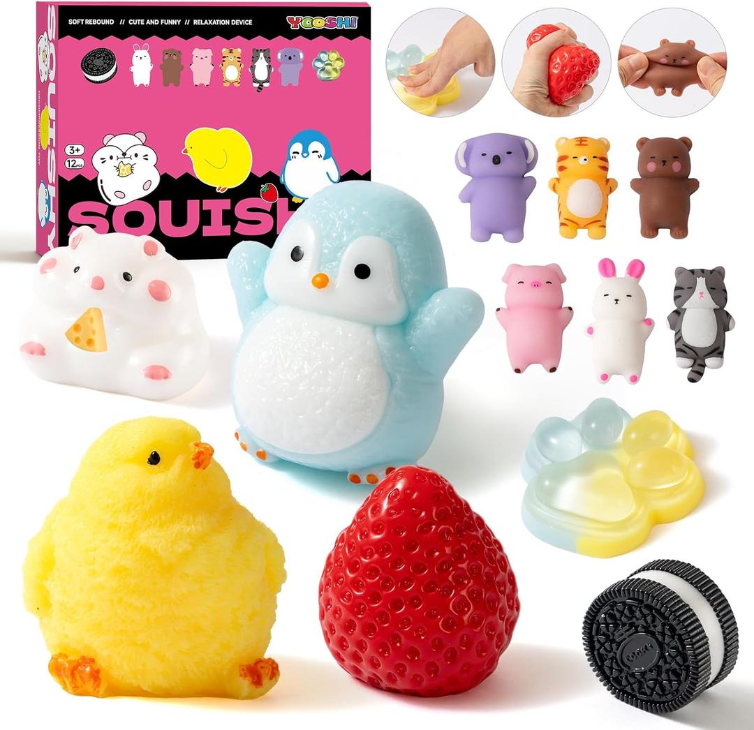 12 Pcs Taba Squishy Toys Pack Include (1 Strawberry,1 Cat Paw,1 Cookie,1 Hamster,1 Chick,1 Penguin,6 Mochi) Cute Taba Sensory Stress Relief Toys,Squishy Fidget Toys Adults,Party Favors Gifts for Kids