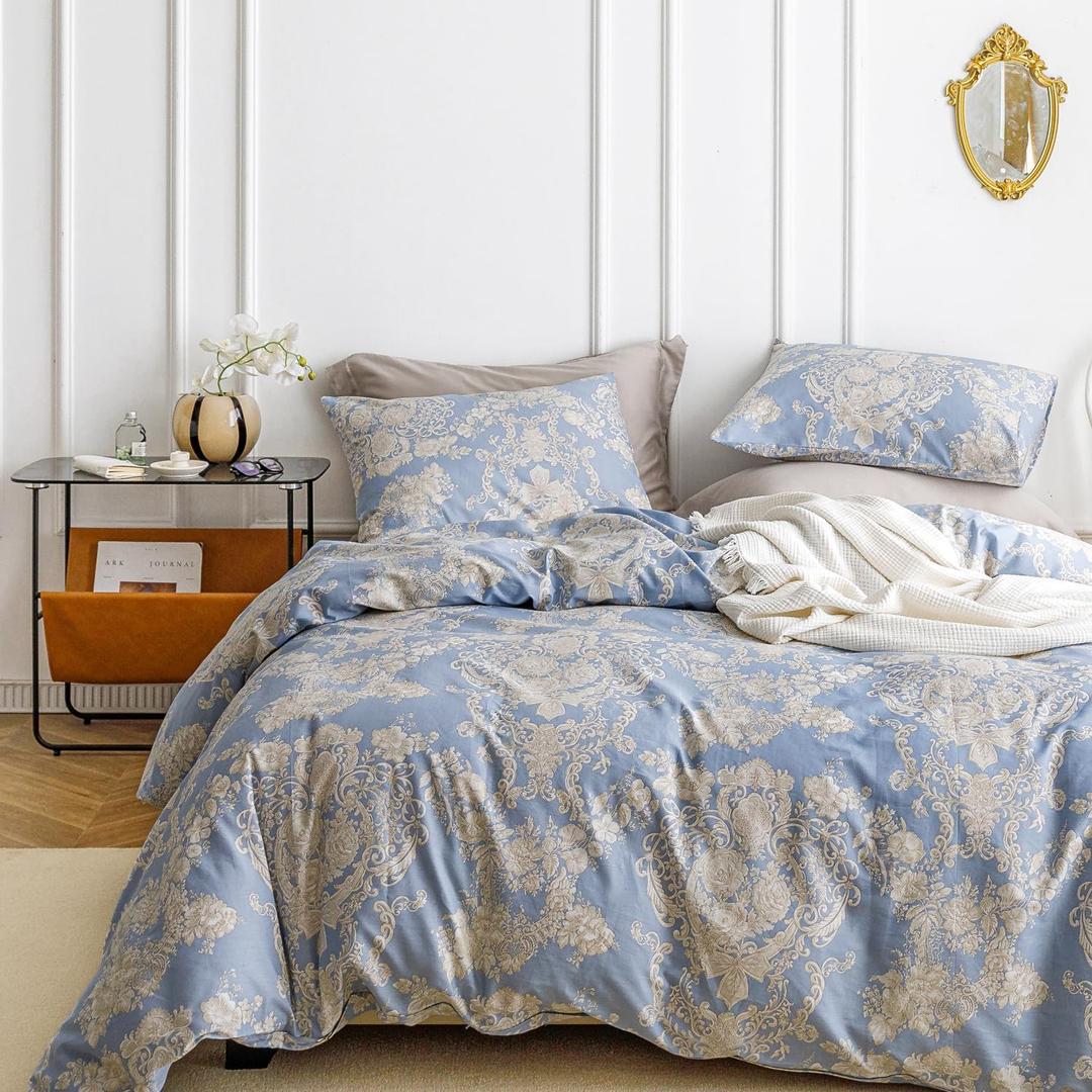 SUSYBAO Damask Floral Duvet Cover Queen 100% Cotton 3 Pcs Set 1 Vintage Beige Flower Duvet Cover with Zipper Ties 2 Pillowcases Farmhouse Grayish Blue Boho Paisley Bedding Set Soft