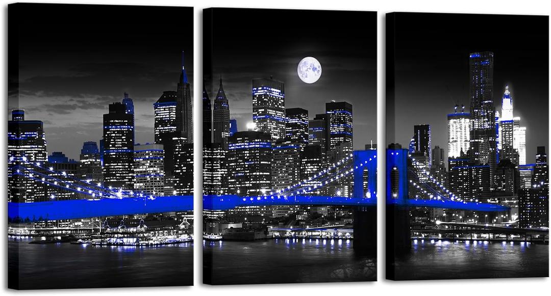 Biuteawal Black and Blue City Canvas Print New York Cityscape Brooklyn Bridge at Moon Night Picture Photo Painting Cool Manhattan Skyline Artwork Modern Home Office Wall Decoration Ready to Hang, 16 x 24 Inch