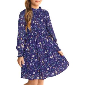 GRACE KARIN Girls' Spring Long Sleeve Dresses Kids Floral Winter Formal Dress Girl Casual Fancy Midi Clothes Size 6-14 (12-14 Years, Purple Flower)