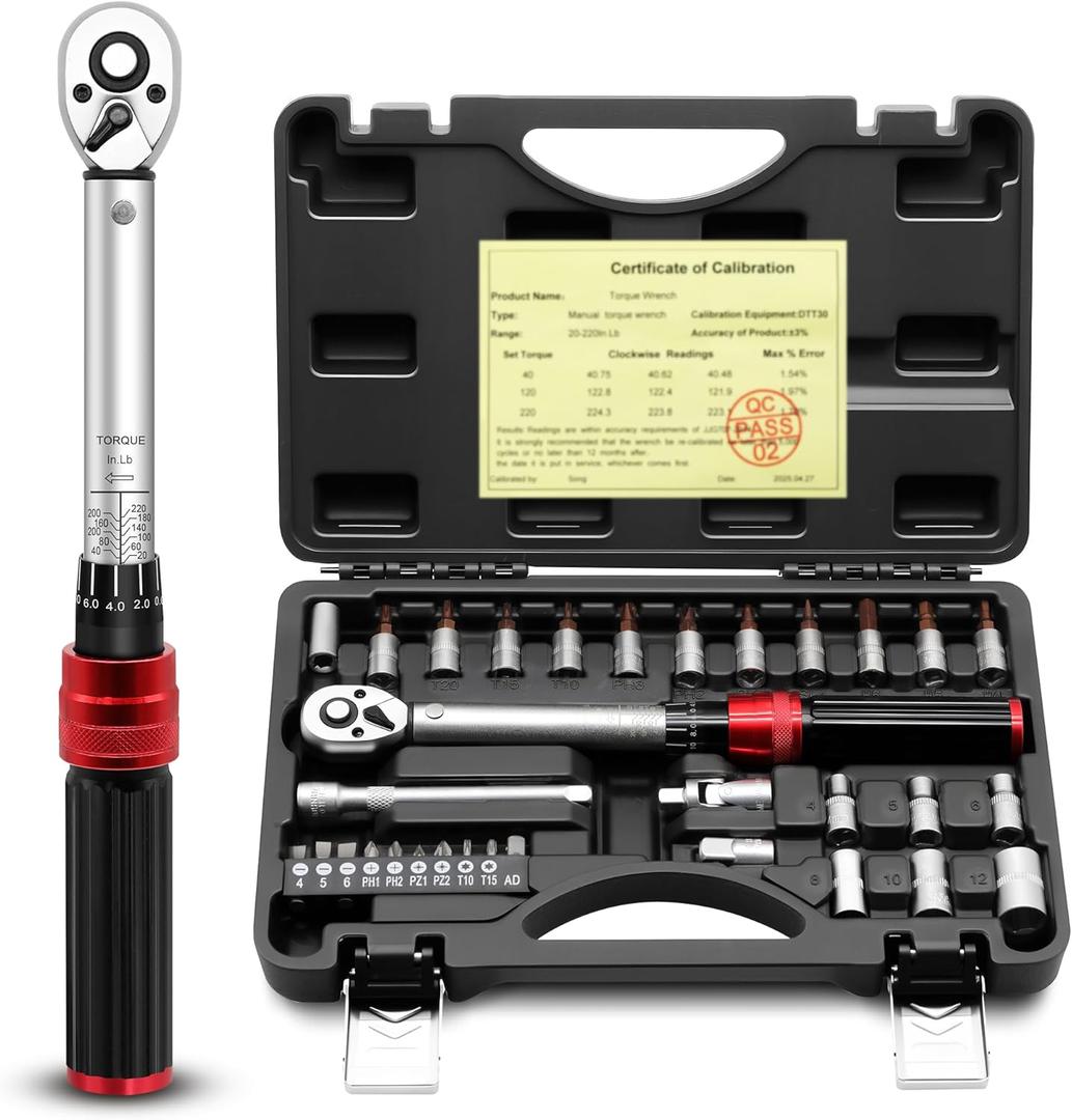 1/4inch Drive Torque Wrench Set, 32-Piece 20-220 in.lb (2.3-25 Nm) Click Bicycle Torque Wrench with Bit Sockets, 0.1 Nm Micro, 72-Tooth Ratchet, 3/8 Adapter, for MTB, E-Bike, Motorcycle