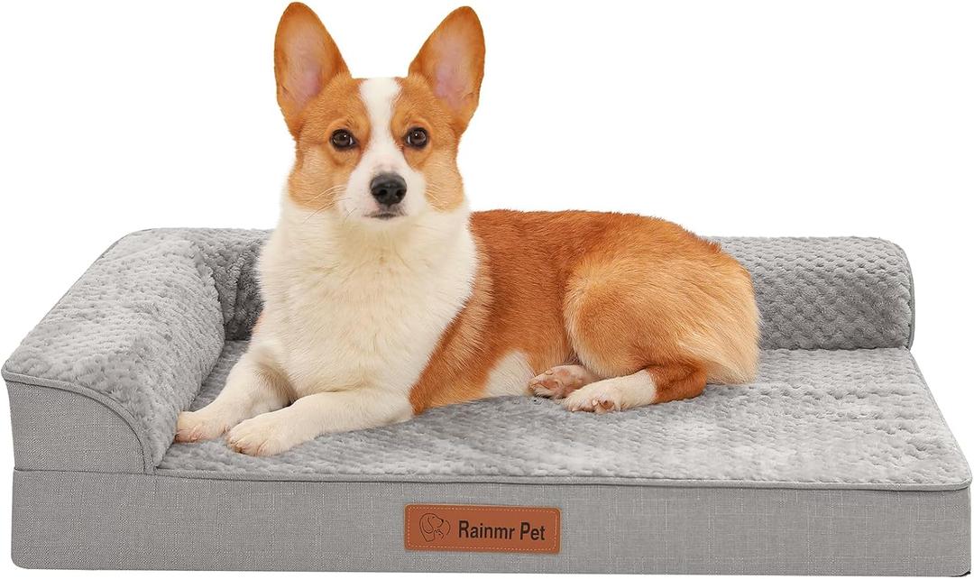 Orthopedic Dog Bed Medium Size Dog, Memory Foam Dogs Bed for Medium Dogs, Washable Removable Cover, Nonskid Bottom, Waterproof, for Indoor, Outdoor, Crate  Car Use, 35x23x6 Inches, Light Grey