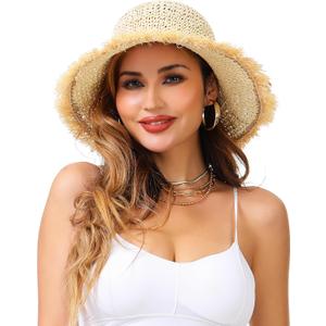 LA CARRIE Womens Sun Hat Floppy Packable Wide Brim UV Protection UPF 50+ Straw Hat with Fringe for Summer Beach