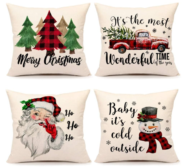 4TH Emotion Christmas Pillow Covers 18x18 Set of 4 Farmhouse Christmas Decor Red Black Buffalo Plaids Winter Holiday Decorations Throw Cushion Case for Home Couch