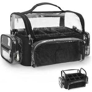 Makeup Brush Bag, Makeup Brush Case for Makeup Artist with Plastic Dividers Washable, Portable Travel Makeup Train Case with Clear Waterproof Cover for Easy to Clean and Find with Adjustable Strap