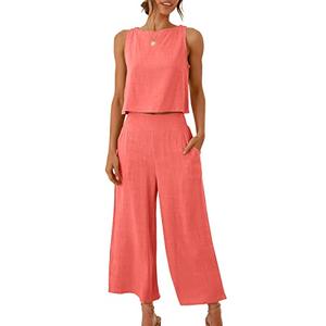ANRABESS Women's Summer 1 Piece Outfits Sleeveless Crop  Capri Wide Leg Pants Jumpsuit Casual Linen Lounge Matching Sets Beach Travel 2025 Trendy Clothes Peach Large ANRABESS Women's Summer 1 Piece Outfits Sleeveless Crop  Capri Wide Leg Pants Jumpsuit Casual Linen Lounge Matching Sets Beach Travel 2025 Trendy Clothes Peach Large