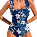 Ekouaer Women's One Piece Swimsuits Square Neck Tummy Control Bathing Suit with Adjustable Ruffled Straps Swimwear (Navy Floral, Small)