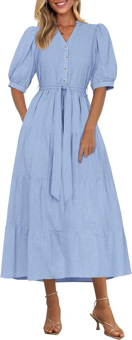 PRETTYGARDEN Summer Dresses for Women 2026 Elegant Classy Short Sleeve V Neck Ruffle A Line Belted Long Beach Vacation Dress (Blue, XXL)
