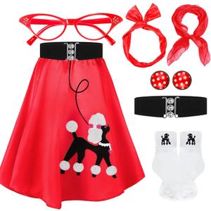 Women 1950s Poodle Skirt Costume Outfit Sock Hop Costume Skirt Scarf Belt Sock Eyeglass (X-Large, Red)