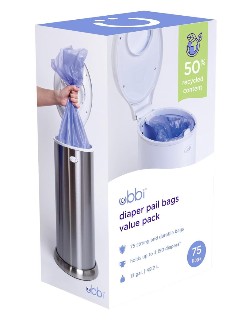 Ubbi Diaper Pail Plastic Bags, Disposable Baby Waste Bags, 3 Pack, 75 Count, 13-Gallon Bags