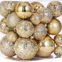 46 Pcs Gold Christmas Ball Ornaments, Shatterproof Christmas Tree Ornaments Set with Velvet Christmas Bows Decor, Vintage Xmas Decorations with Hanging Hooks in 3 Sizes(Small Medium Large)