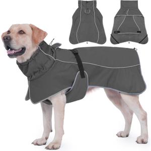Dog Raincoat, Waterproof Dog Coat with Reflective Straps, Leash Hole & Polar Fleece Lining, Winter Snow Rain Coat for Small, Medium & Large Dogs, Warm, Windproof Vest Jackets (Grey)
