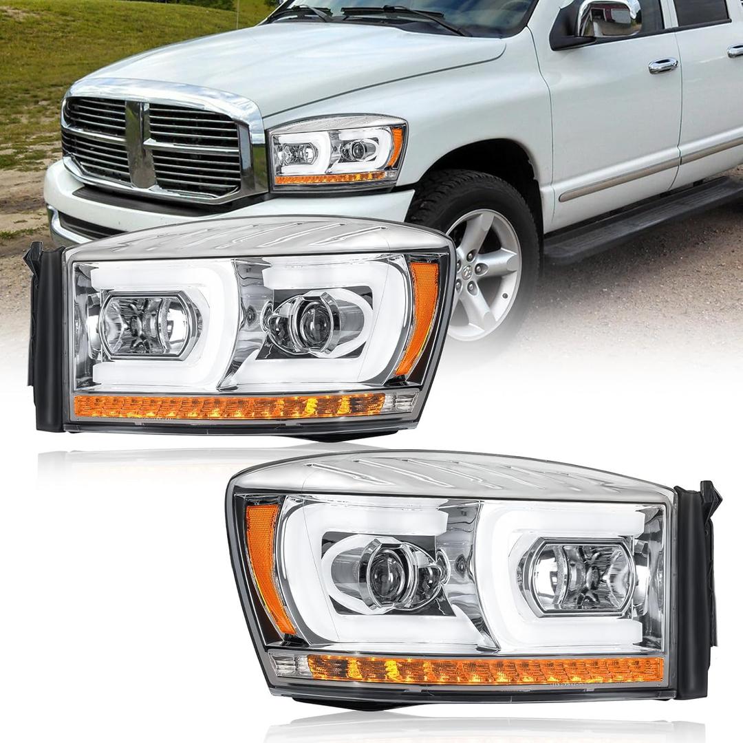 LED DRL Headlight Compatible with 2006-2008 Dodge Ram 1500 2500 3500 Left and Right Side Replacement Headlamp Chrome Housing Amber Reflector