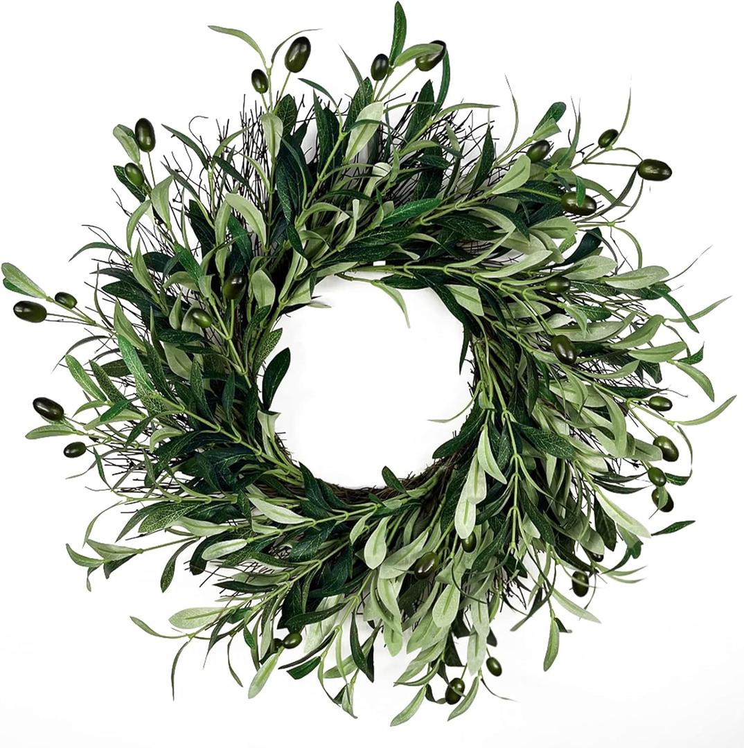 Lovee Olive Leaf Wreath - 20 Inch Green Greenery Wreath with Olive Leaves for Front Door, Window, Christmas, Wedding Decor