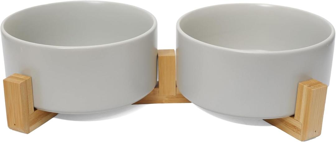 Dog Food Bowl, 13.5 oz Ceramic Food and Water Bowls for Dogs, Pet Dishes Set with Wood Stand, for Small Size Dog and Cat, No Spill Feeding Station with Weighted Base, Grey (1.7 CUPS)