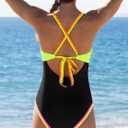 popvil One Piece Swimsuit for Women Tummy Control Bathing Suit V Neck Slimming Neon Color Block Swimwear (Black, L)
