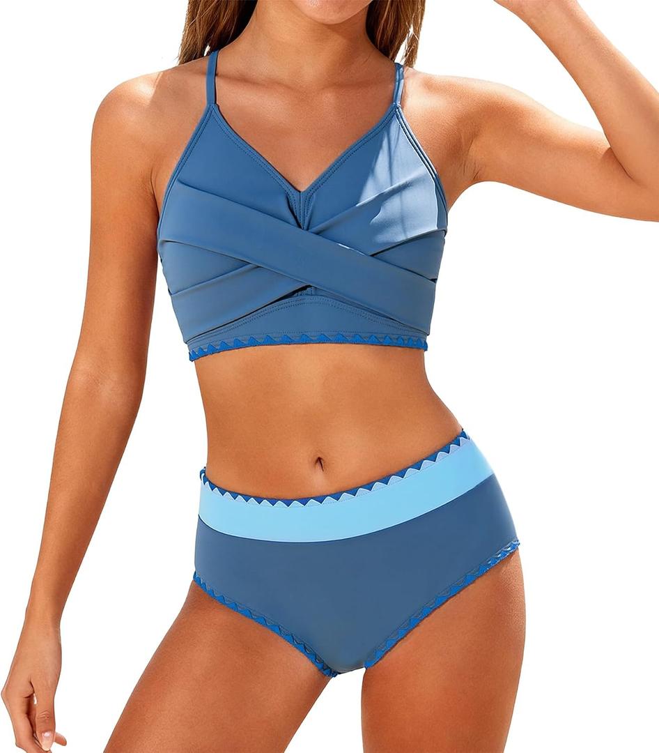 Kids4ever Kid4ever Girls Swimsuits 2 Piece Gray Blue Color Block Teen Bikini Sets with Chest Pad Adjustable Straps Bathing Suits for Girls V Neck High Waisted Summer Girls'Swimwear 11-12T