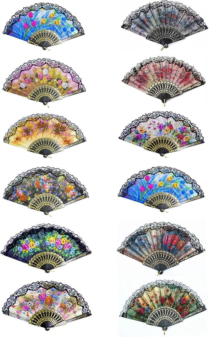 Spanish Folding Hand Fan,Handheld Fans Summer Vintage Dancing Party Hand Fans for Girls Women (12 PCS, Random Pattern)