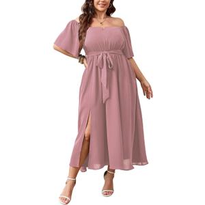 SCOMCHIC Womens Plus Size Formal Dresses Off The Shoulder Wedding Guest Cocktail A-Line Split Maxi Dress with Pockets (Pink)