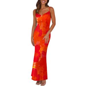 PRETTYGARDEN Women's 2025 Summer Floral Spaghetti Strap Maxi Dress Stretch Sexy Bodycon Dress Backless Slip Long Dresses, XL