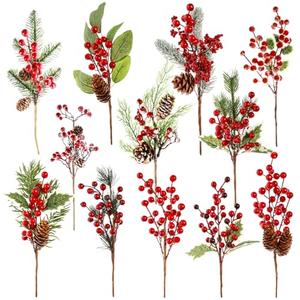GoClimber 12 Pack Christmas Tree Picks, 12 Inch Artificial Christmas Flowers Assorted Red Berry Picks and Sprays for Christmas Tree Filler Floral Arrangement DIY Wreath Winter Holiday Season Décor