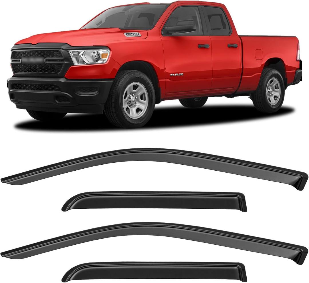 Window Visors Rain Guards for 2019-2025 Dodge Ram 1500 Quad Cab (New Body Style), Window Vent Wind Deflectors Visors Shades for 19-25 Ram 1500 (2 Full-Size Doors, 2 Half-Size Doors)