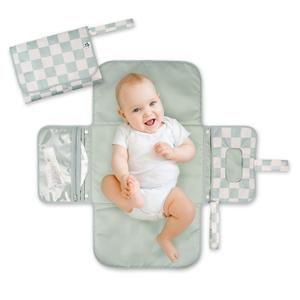 Tiny Twinkle Portable Diaper Changing Pad-Foldable Waterproof Changing Mat&Portable Changing Pad for Travel,Baby Changing Station with Smart Wipes Pocket&Storage (Sage Checkers)