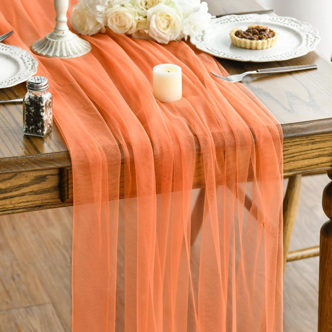 Artoid Mode Orange Gauze Table Runner 120 Inch 10FT, Seasonal Sheer Kitchen Dining Holiday Wedding Birthday Baby Shower Table Decor for Home Party