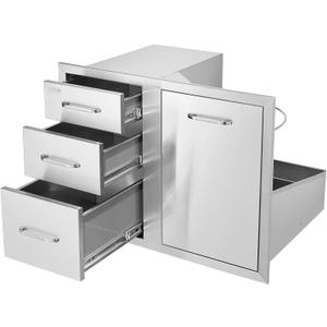 VEVOR Stainless Steel Cabinet, Outdoor Kitchen Door Drawer Combo 29.5" W x 22.6" H x 21.7" D, Access Door/Triple Drawers, Propane Drawer, Adjustable Garbage Ring, BBQ Island Patio Grill Station