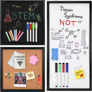 Dry Erase Whiteboard, Cork Bulletin Board, Chalkboard with Natural Wood Black Frame, 3 Pieces, 12" x 12" and 24" x 12", Combination Board 3 in 1 Free Style Mounted