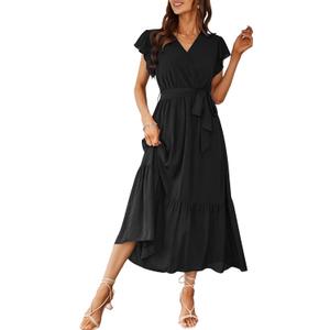 PRETTYGARDEN Women's Summer Floral Boho Maxi Dress Short Sleeve Wrap V Neck Ruffle Long Flowy Beach Wedding Guest Dresses (Black, L)