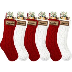 6 Pack Personalized Christmas Stockings, 18in Large Knitted Xmas Hanging Stocking Set Decoration with Leather Patches Custom Name for Holiday Christmas Family Decor (Red and White)