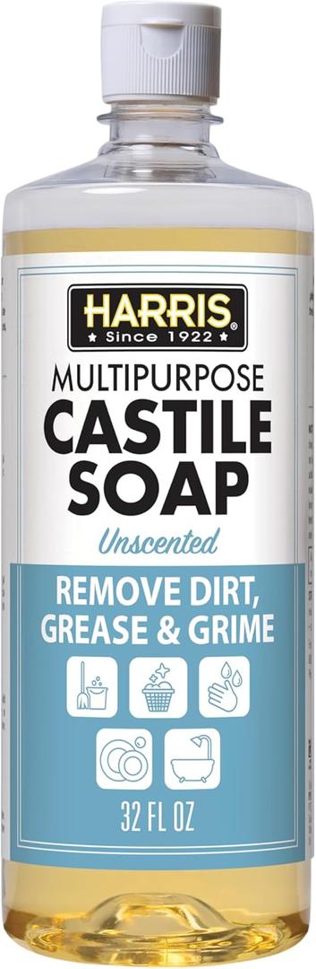 2 x HARRIS Multi-Purpose Pure Liquid Castile Soap for Home Cleaning, Multi-Purpose Cleaner, For Dish Soap, Laundry Detergent, Kitchen and Bathroom Surfaces, Kids Rooms, Unscented, 32 Oz (32 Fl Oz (Pack of 1))