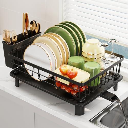 GHERISN Dish Drainer Rack with Drip Tray, Sink Dish Drainer with Drainage Spout, Stainless Steel Dish Drying Rack with Cups, Utensil & Cutting Board Holders for Kitchen Counter Space-Saving, Black
