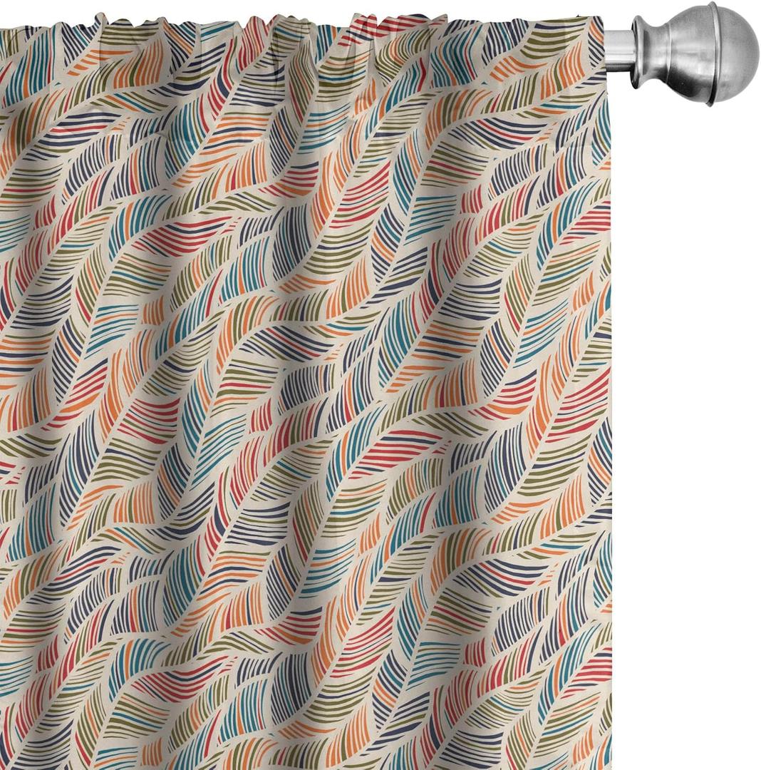 Ambesonne Boho Window Curtains Pack of 2, Abstract Feather Wave Pattern with Retro Look and Colorful Short Lines Curves, Lightweight Set with Rod Pocket, 4 Panels of - 28" x 84", Pastel Ivory