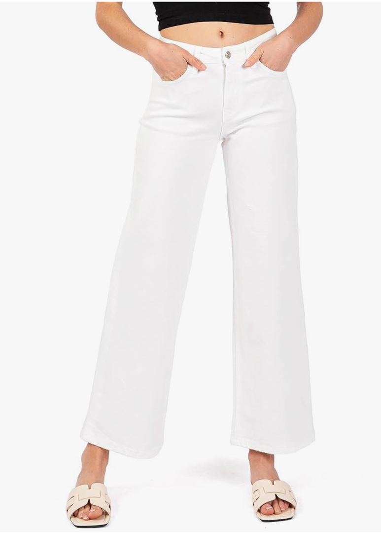 Sidefeel Women's Wide Leg Jeans High Waisted Stretchy Straight Leg Jeans Buttoned Loose Denim Pants with Pocket White Size 6 Short