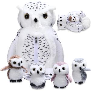 Hollowfly 5 Pcs Owls Plush Toy Gift Set 15.7" Mommy White Owls with 4 Cute Babies Stuffed Animal in Zippered Belly Nurturing Plushies Toy Set for Kid Adults Birthday Birthday Party Favors Gifts