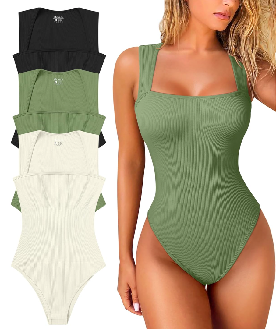 OQQ Women's 3 Piece Bodysuits Sexy Ribbed Strappy Square Neck Sleeveless Tummy Control Tank Tops Bodysuits XL