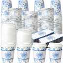 Jingmore 100 Sets Floral Paper Coffee Cups with Lids and Sleeves 8oz Vintage Flower Disposable Drinking Cups Bulk for Birthday Wedding Bridal Shower Tea Party Supplies (Blue) (EXP 01/01/26)