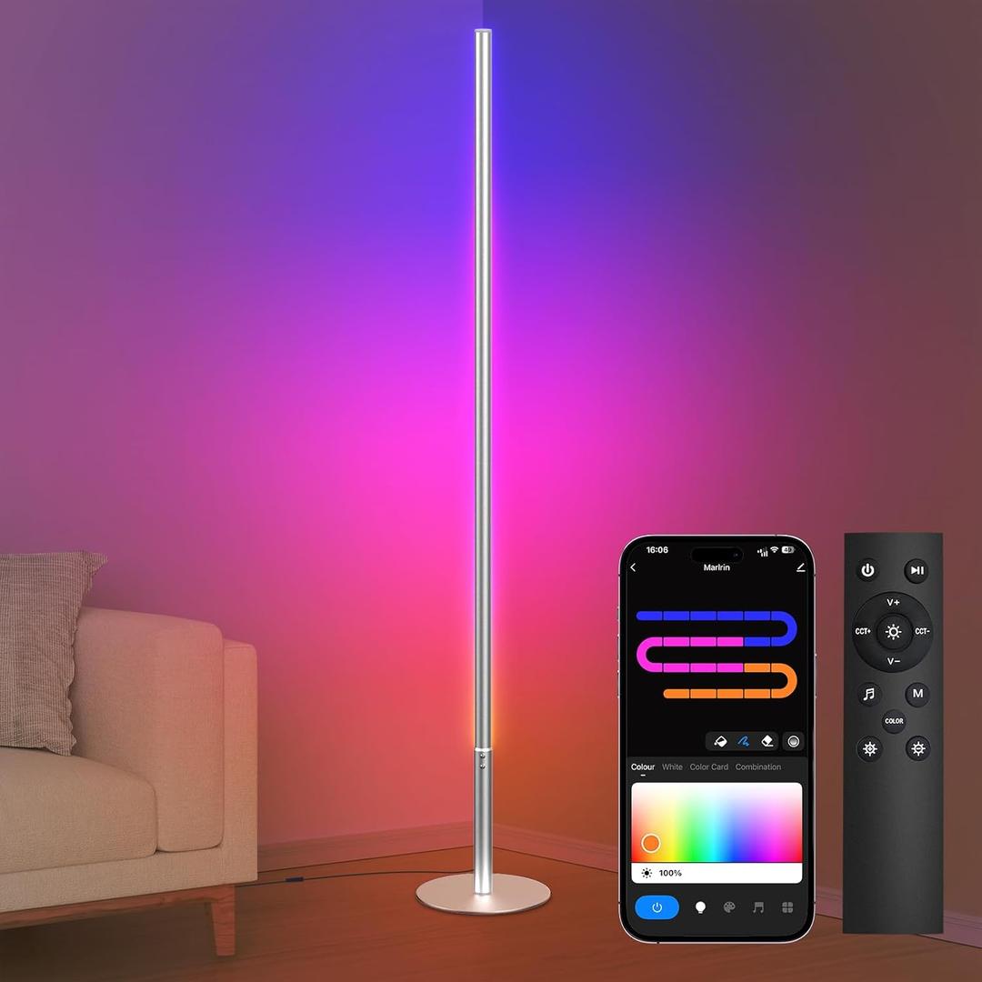 Marlrin RGBW Floor Lamp, Color Changing Standing LED Corner Lamp, Modern Lamp with Music Sync, Compatible with Alexa，WiFi APP and Remote Control, 57.8" Floor Lamp for Living Room and Bedroom, Silver