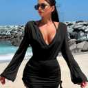 Women's Halter Triangle Bikini Set with Drawstring Cover Up, 3 Piece Bathing Suit for Vacation (Large, Black)