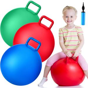 Lewtemi 3 Pcs 18 Inch Bouncing Ball with Handle, Outdoors Hopper Jumping Hopping Ball and Air Pump for Sports Exercise (Red, Blue, Green)